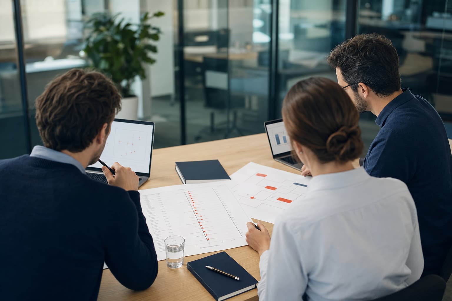 Researchers reviewing printed forest plots and a flow diagram around a meeting table