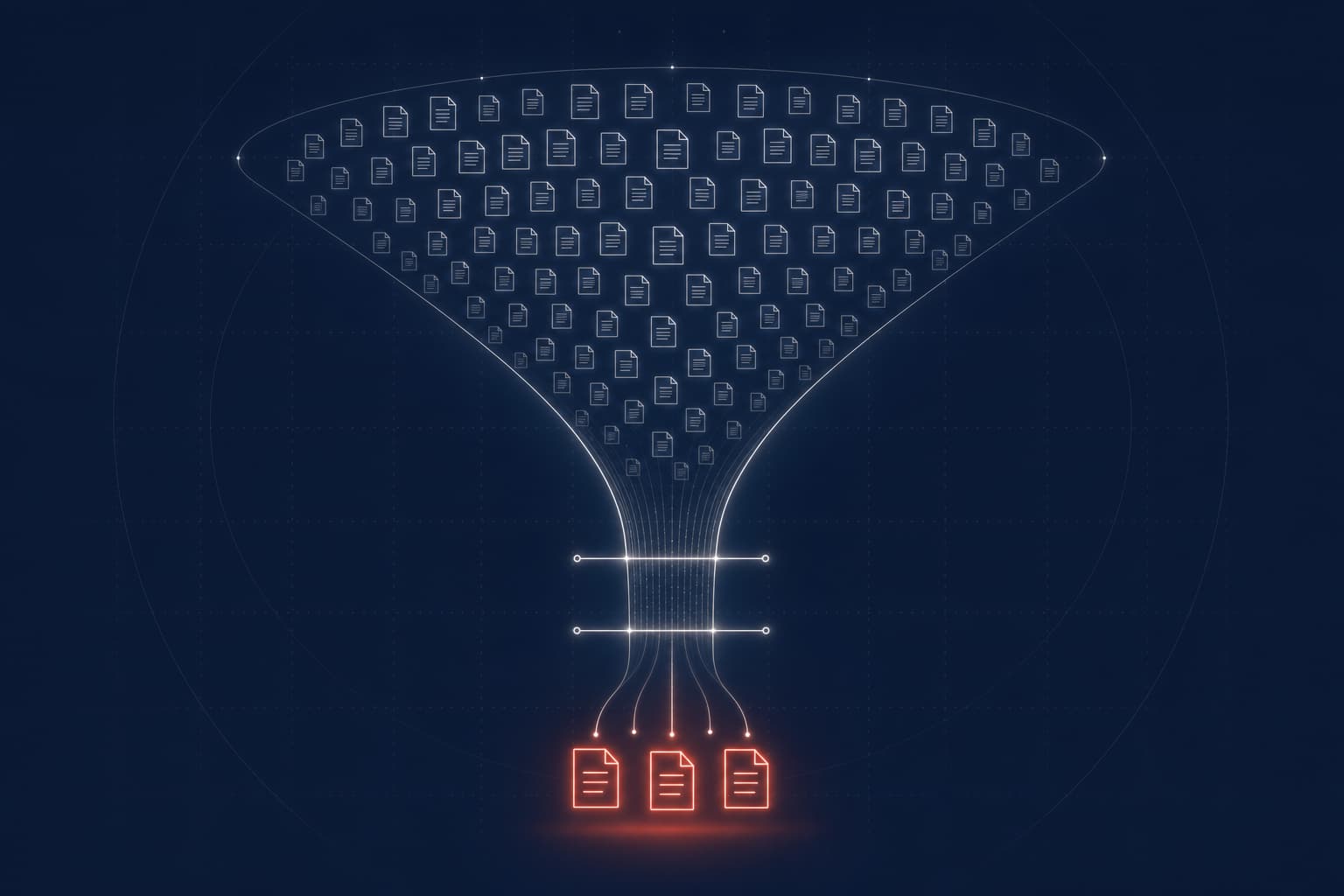 Funnel of many documents narrowing to a few included studies