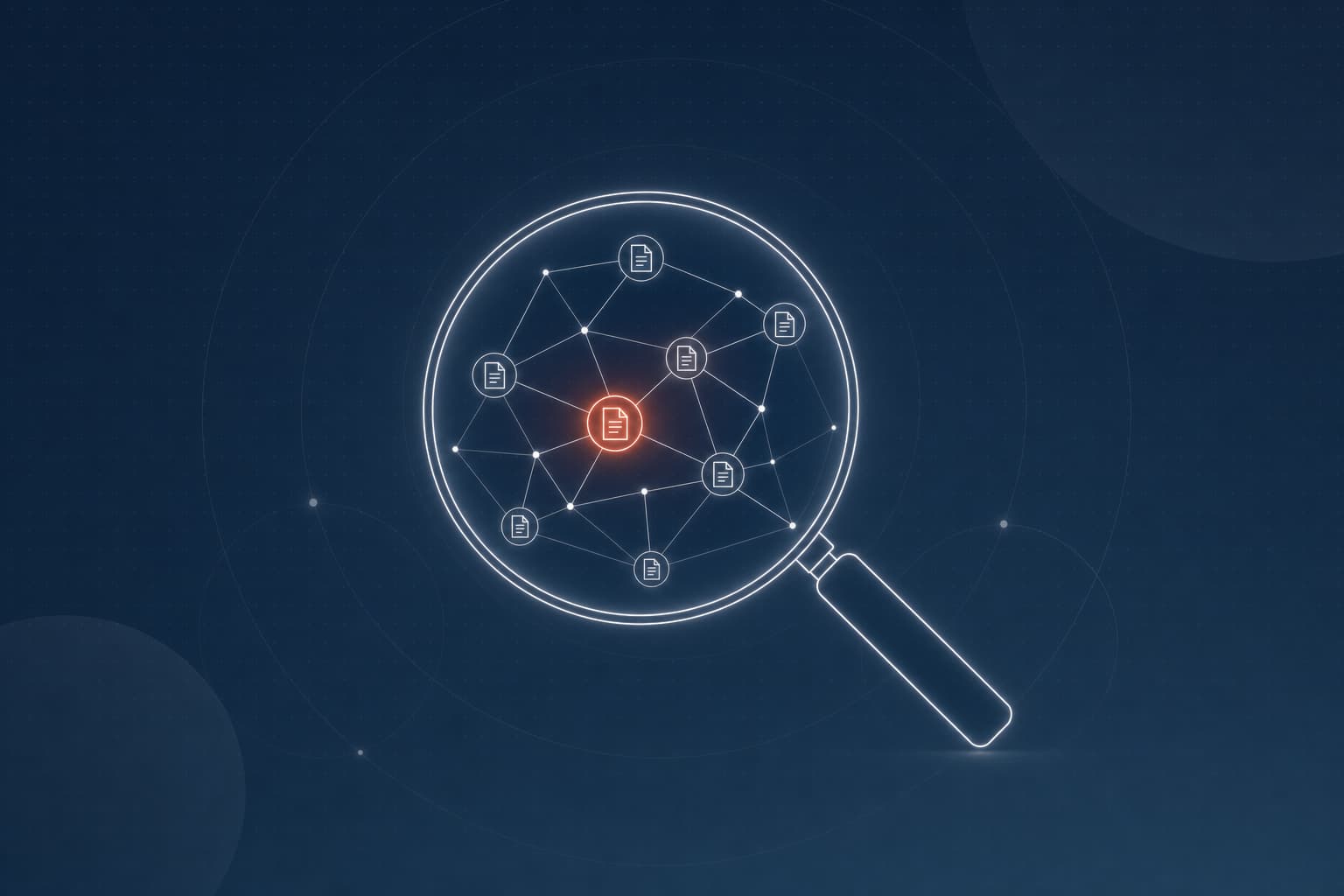Magnifying glass revealing a network of connected document nodes