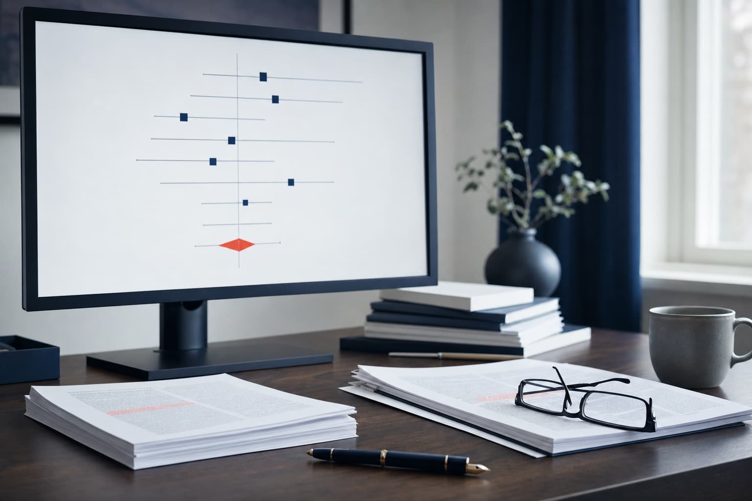 Methodologist workspace with a forest plot on screen and annotated journal articles