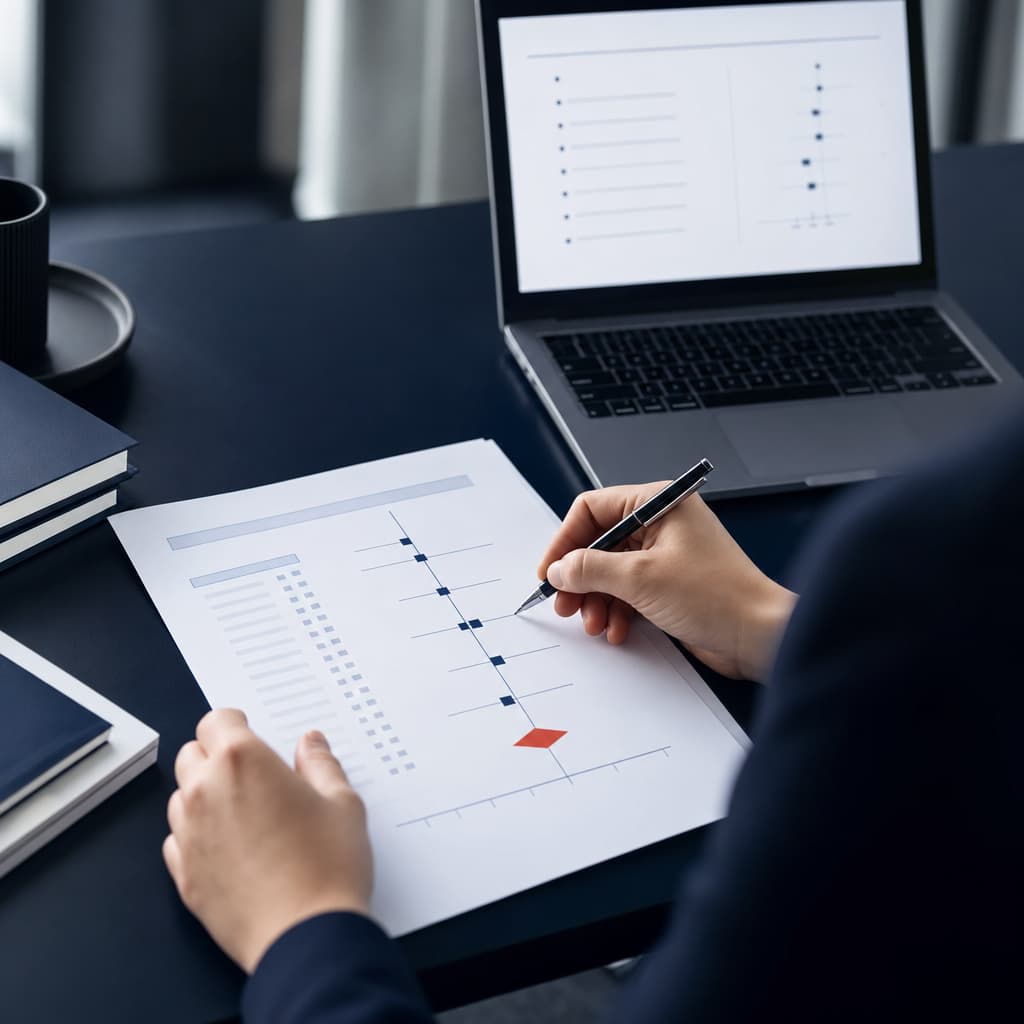 Methodologist annotating a printed forest plot beside a laptop